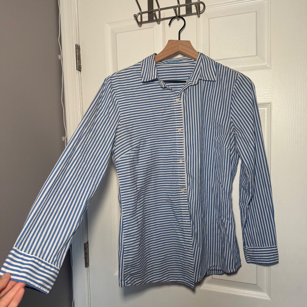 J.McLaughlin Womens Blue White Striped Cotton Blend Button Down Shirt M READ